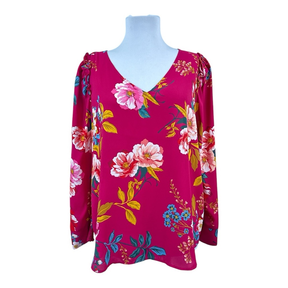 LOFT NEW Women's Large Petite LP Pullover Blouse Floral Pink V-Nek Long Sleeves